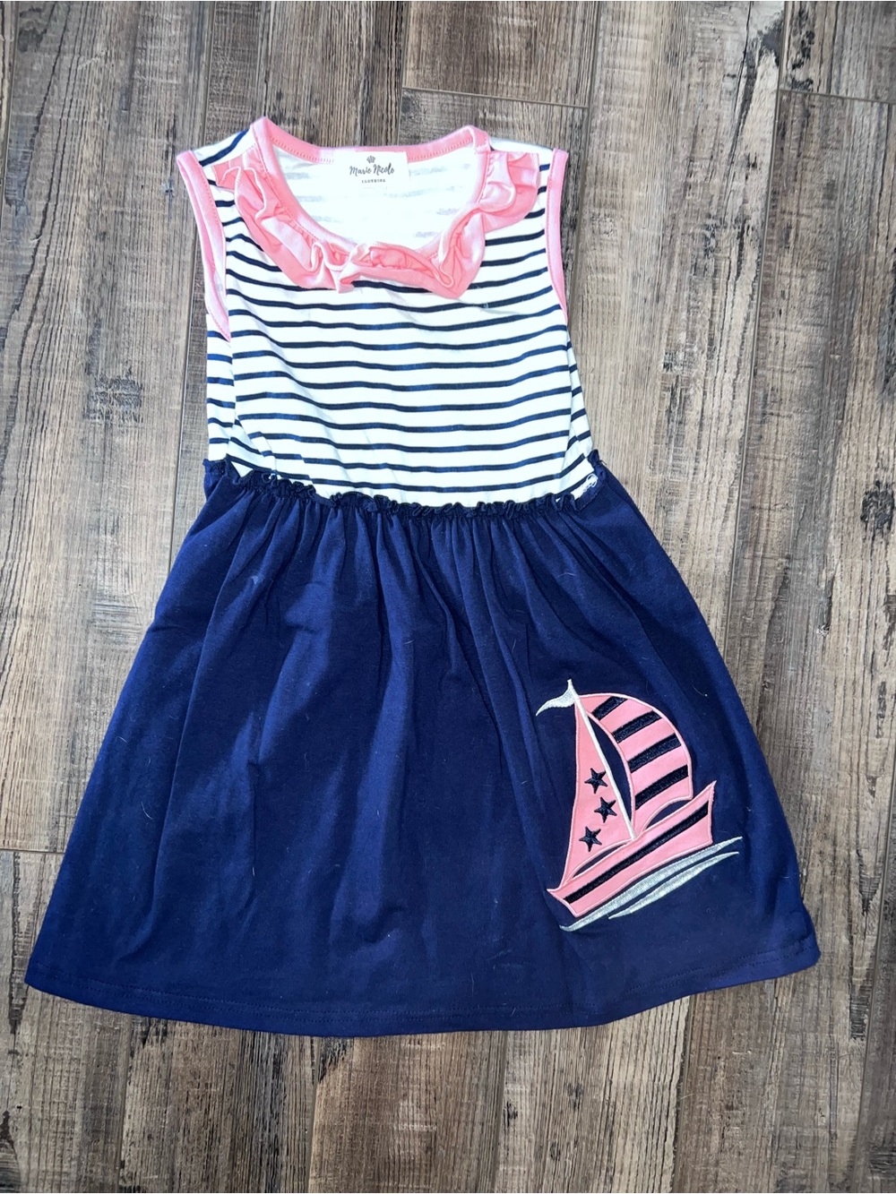 Marie Nicole Pink & Navy Striped Sailboat Girls Dress